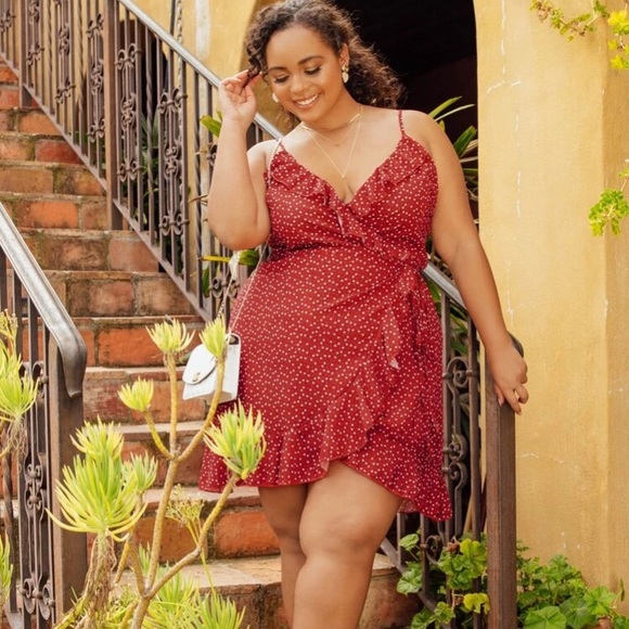 Red floral wrap dress